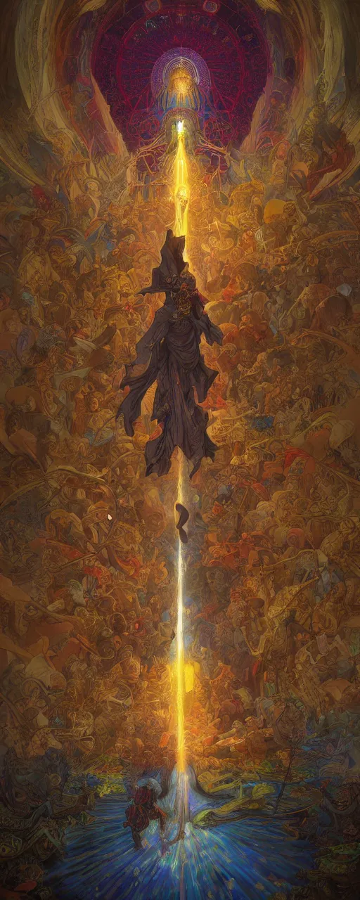 Image similar to war along the path to heaven's gate, coherent design, symmetrical, vivid color, complementary color, golden ratio, detailed, sharp lines, intricate, rainbowshift, by james gurney, by gustave dore, by peter mohrbacher, by alphonse mucha, by maxfield parrish, by deviantart, octane render