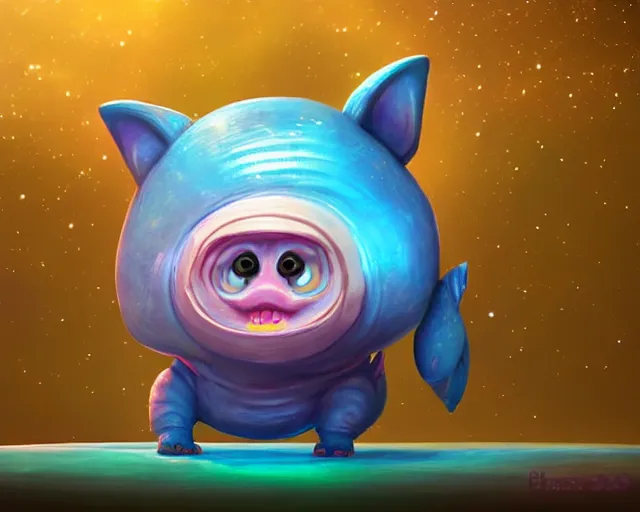 Prompt: 3D Fantasy Cute and adorable small alien piggy in space, huge adorable eyes, bright stars, Smooth 3D Illustration, soft render, Servando Lupini, Daniil Kudriavtsev, handpaint texture, Blender, 3DCoat