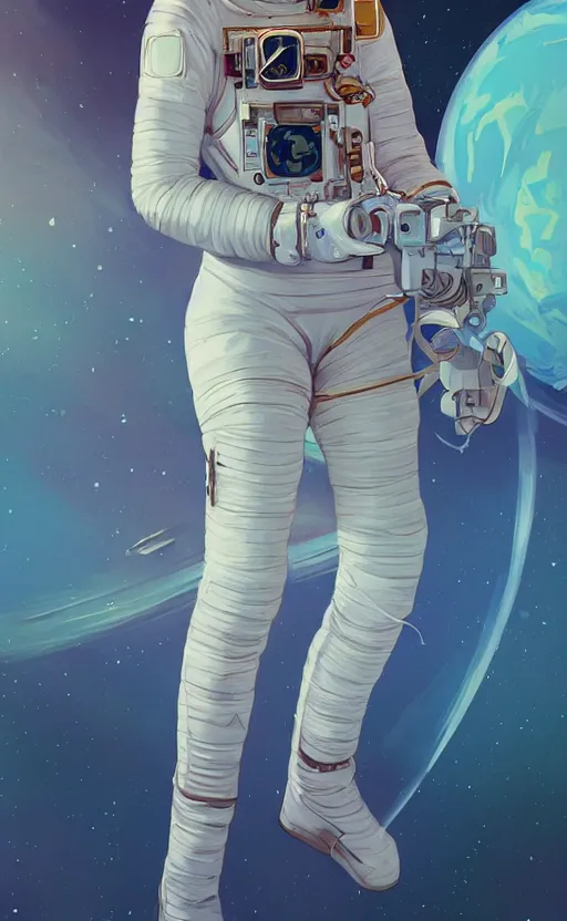 Image similar to astronaut woman, highly detailed, digital painting, artstation, standing, facing camera, concept art, smooth, sharp focus, illustration, art by artgerm and alphonse mucha, high definition digital art, dramatic lighting, in the style of ilya kuvshinov and Ross tran