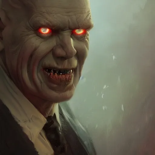 Image similar to portrait of a red bald man with black eyes and a black teeth, horror, glowing eyes, by Stanley Artgerm Lau , greg rutkowski, thomas kindkade, alphonse mucha, loish, norman rockwell. Trending on artstation detailed illustration hd 4k