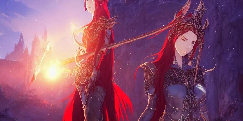 Image similar to an elven sorceress with red long hair in a very good beautiful heavy scale armor, wearing a cape, casting a fire spell, dungeon background, magical, bright, colorful, fantastic lighting, amazing details, 4 k uhd, illustration by hayao miyazaki and makoto shinkai and ilya kuvshinov, artstation, pixiv,