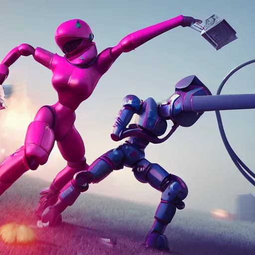 Image similar to a woman battles pink robots, octane render, cgsociety, detailed