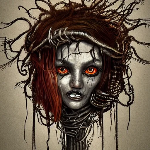 Image similar to surrealism grunge cartoon portrait sketch of Medusa, by michael karcz, loony toons style, freddy krueger style, horror theme, detailed, elegant, intricate