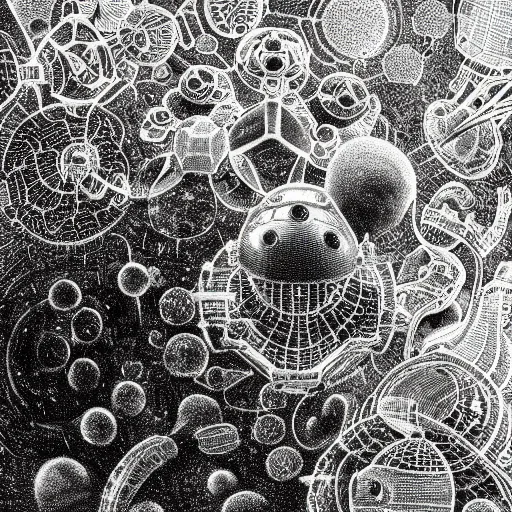 Image similar to a black and white drawing of a space station filled with equipment, a microscopic photo by ernst haeckel, zbrush central, kinetic pointillism, bioluminescence, intricate patterns, photoillustration