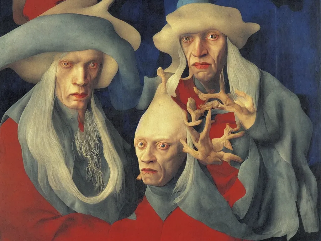 Image similar to Portrait of albino mystic with blue eyes, with flames. Painting by Jan van Eyck, Audubon, Rene Magritte, Agnes Pelton, Max Ernst, Walton Ford