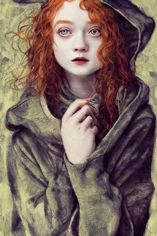 Prompt: sadie sink in a hoodie, 1 9 2 0 s fashion, fantasy, art by ayami kojima, vasnetsov, cedric peyravernay