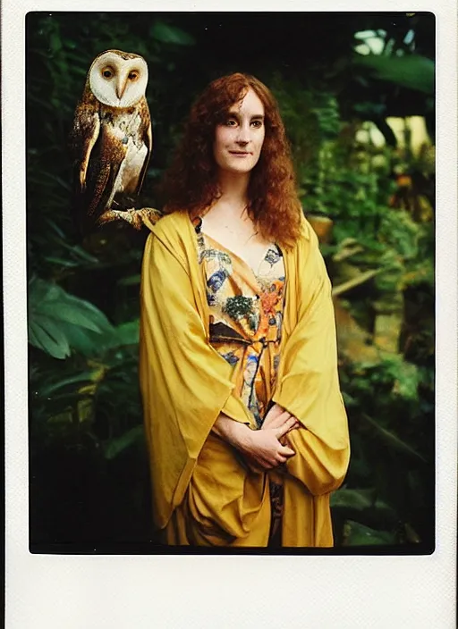 Image similar to Pre - raphaelit grainy head to shoulder portrait Polaroid film photograph of an elegant lovely woman wearing a yellow kimono with a very detailed barn owl on her shoulder!!! in a tropical greenhouse. looking at the camera!!. slight smile. super resolution. Extremely detailed. face like Jennifer Connelly. Polaroid 600 film.