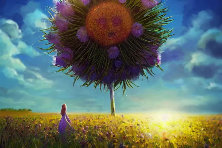 Prompt: closeup, giant thistle flower under head, a girl in a suit in field of flowers, surreal photography, sunrise, blue sky, dramatic light, impressionist painting, digital painting, artstation, simon stalenhag