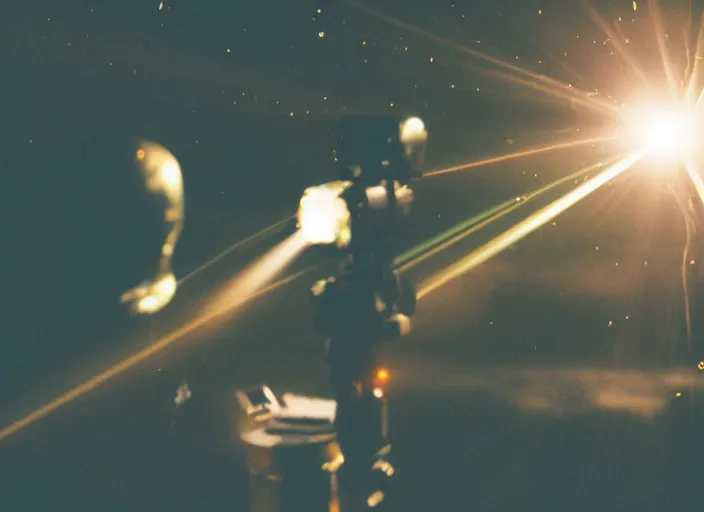 Image similar to a 3 5 mm photo of an alien spaceship firing blaster beams, bokeh, canon 5 0 mm, cinematic lighting, dramatic, film, photography, golden hour, depth of field, award - winning, 3 5 mm film grain