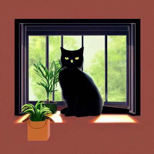 Image similar to peaceful dreamy painting of a content black cat sitting by a window, sunshine coming through the window, small plants on the window sill, golden hour, 4k resolution, highly detailed