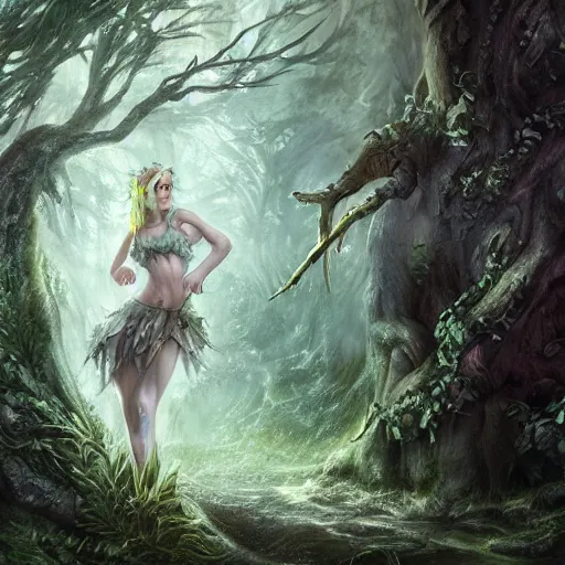 Prompt: high definition charcoal watercolor fantasy character art, hyper realistic, hyperrealism, luminous water elemental, forest dryad, woody foliage, 8 k dop dof hdr fantasy character art, by aleski briclot and alexander'hollllow'fedosav and laura zalenga