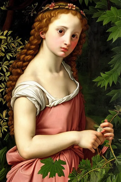 Image similar to renaissance painting of young girl in the garden, closeup, curly long hair, face closeup, emotions closeup, dressed in roman armour, the beautiful garden with maple leaves everywhere, ultra detailed, art by guido reni style, vincenzo catena style