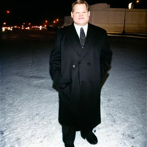 Image similar to 1 9 9 8 andy richter wearing a black wool coat over a black suit and necktie standing on the streets of chicago at night in winter.