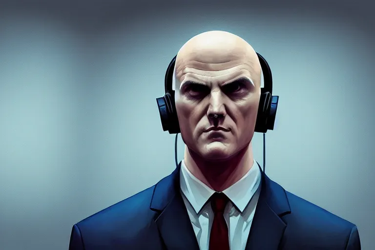 Image similar to an expressive portrait of agent 4 7 from hitman wearing headphones in front of a wall of vinyl records, dark background, blue rim light, digital art, artstation, art by giger stalenhag