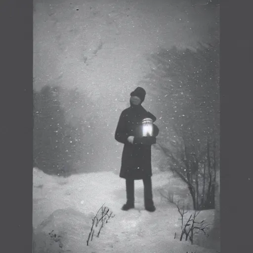 Image similar to a man holds a lantern, snowstorm, cold, vintage photo