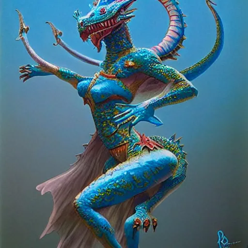 Prompt: cute female bellydancer dragon with 6 arms wearing blue plastic armor, anthropomorphic dragon, dragon face, stuning 3 d render, ultra real, masterpiece, glowing holy aura, by roger dean and wayne barlow and zdzisław beksinski, realistic face