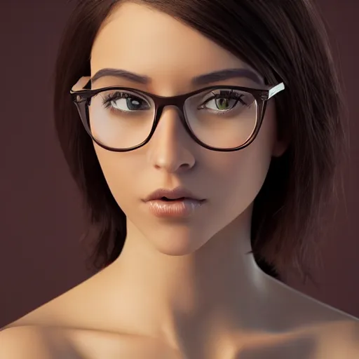 Prompt: 3d sculpture of an attractive young woman with dark brown hair, thick rim glasses, symmetrical features, thinking, beautiful lighting, studio backdrop, unreal engine