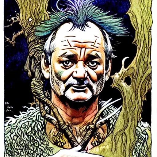 Image similar to a realistic and atmospheric high fantasy closeup portrait of bill murray as a mystical druidic warrior wizard doing an arcane pagan ritual by rebecca guay, michael kaluta, charles vess and jean moebius giraud