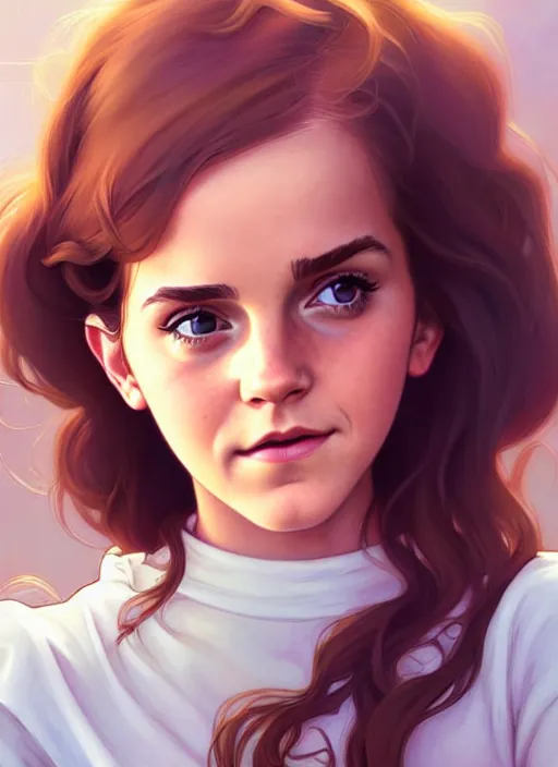 Image similar to cute buxom emma watson babysitter, natural lighting, path traced, highly detailed, high quality, digital painting, by don bluth and ross tran and studio ghibli and alphonse mucha, artgerm