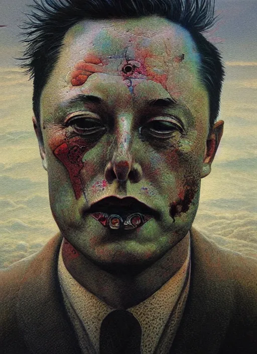 Image similar to A painting of Elon Musk in style of Beksinski. Very detailed