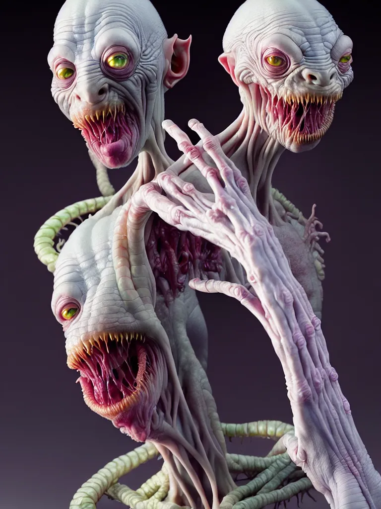 Prompt: hyperrealistic rendering, fat smooth cronenberg flesh monster albino grey alien by donato giancola and greg rutkowski and wayne barlow and zdzisław beksinski, product photography, action figure, sofubi, studio lighting, colored gels