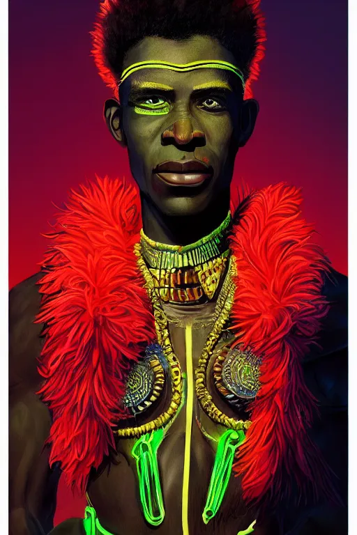 Image similar to detailed full body concept illustration of an African male with body augmentations, strong neon lighting, Afrofuturism, extravagant feathered collar, by glenn fabry, hyper realistic, HD, oil on canvas