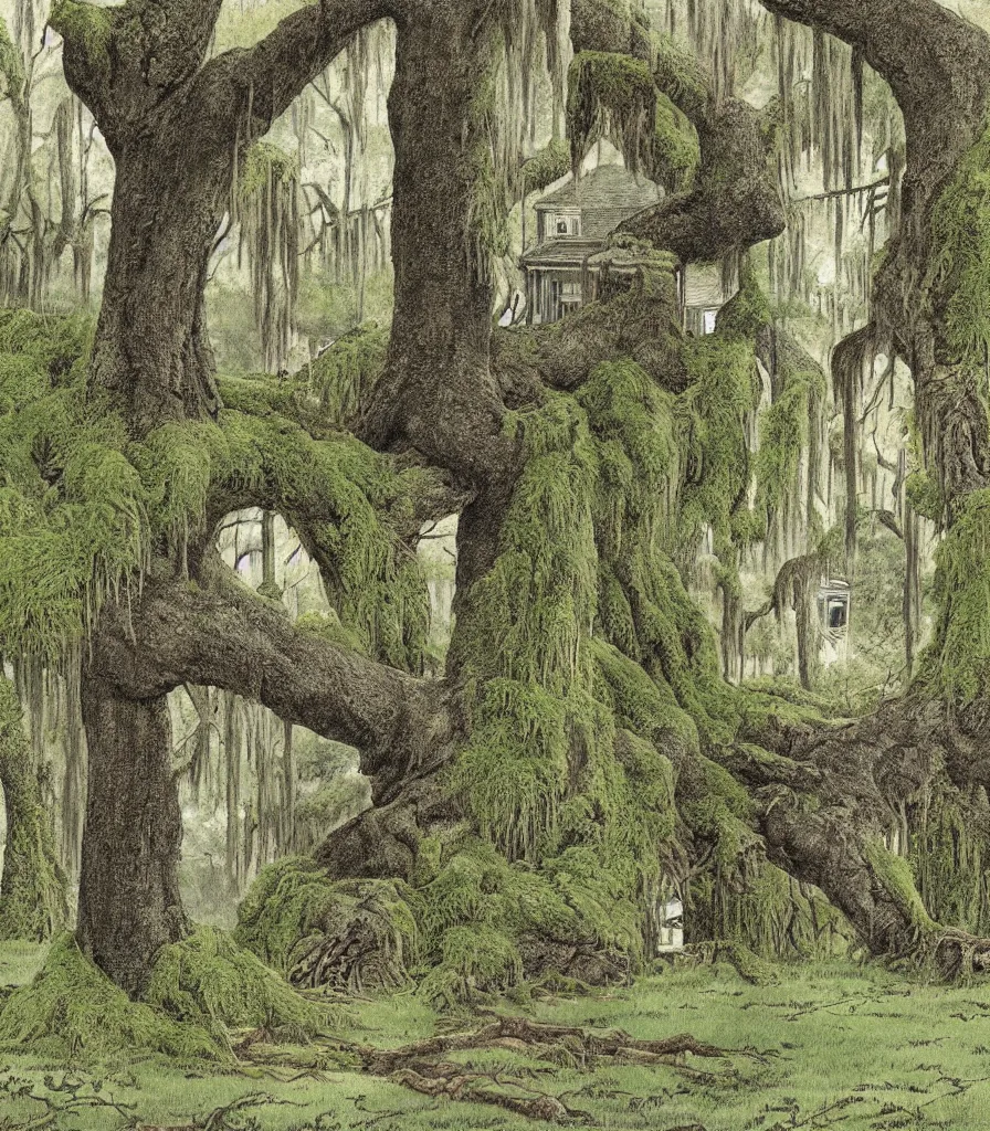 Image similar to southern plantation mansion trees hanging moss abandoned decay illustration by maurice sendak
