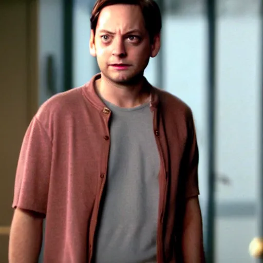 Image similar to tobey maguire looking angry, cinematic lighting