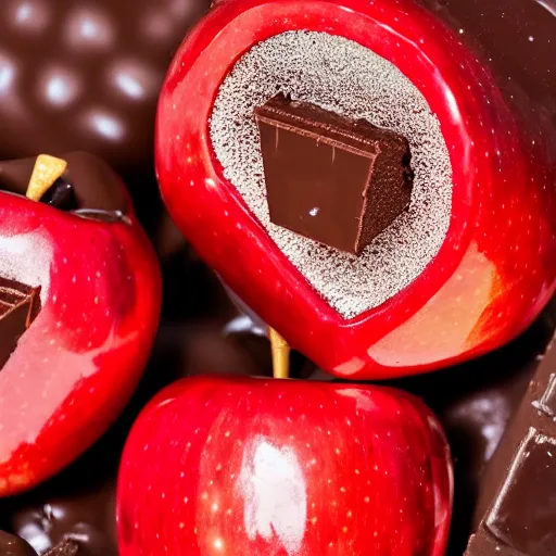 Image similar to photo of beautiful shiny red apple being covered in melted chocolate, 5 0 mm, beautiful photo