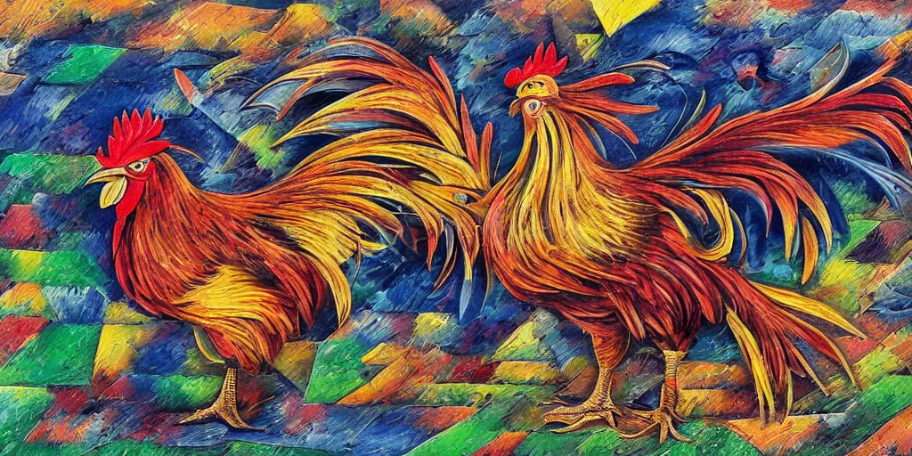 Prompt: colorful illustration of a fighting rooster made of car parts, cubism, pointillism, surreal, intricate, highly detailed, dark color scheme, golden ratio