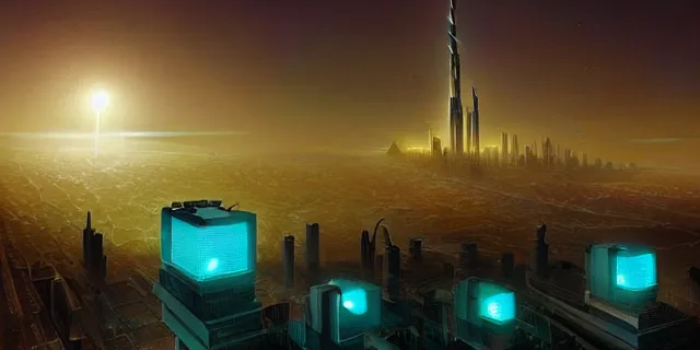 Prompt: giant glowing futuristic cubes in the sky, a cyberpunk dubai city seen in the distance, atmospheric lighting, intricate, volumetric lighting, beautiful, sharp focus, ultra detailed, in the art style of marc simonetti, bowater charlie and brom gerald, astrophotography