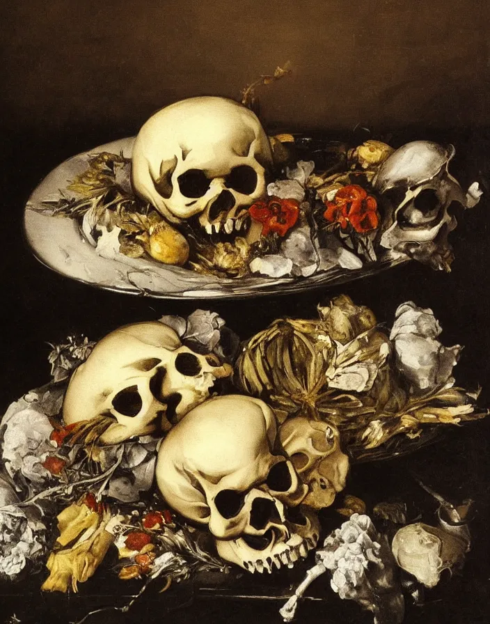 Prompt: still life painting with one skull on a silver platter surrounded by dead flowers and rotten fruit, light from one candle by Diego Velázquez and francisco goya, anatomical, realistic, wet, slimy