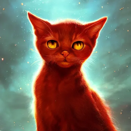 Image similar to portrait of a beautiful red cat celestial background,, fantasy, highly detailed, cinematic lighting, digital art painting by artgem and greg rutkowsk, trending on artstation, very very beautiful, very attractive, high fantasy