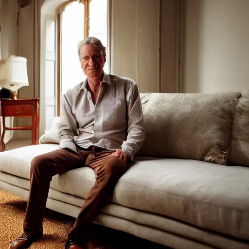 Image similar to cozy wide picture of older handsome lord richard is sitting gracefully on a sofa, his eyes look wise, happy wise. oh he is a human by the way, wear's beige shirt, has firm skin and bouncy belly