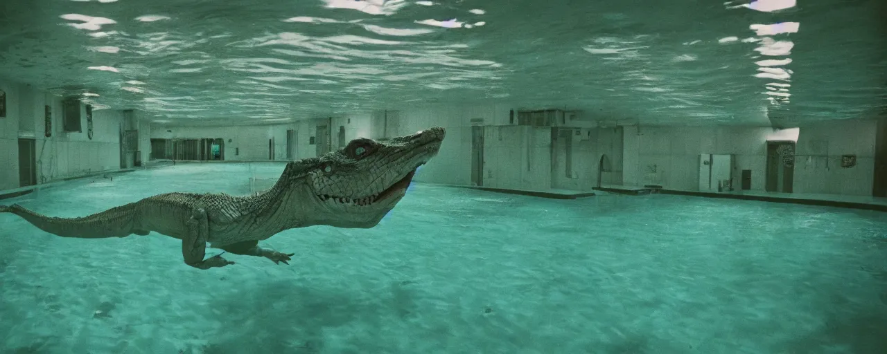 Image similar to an ultra wide colour 3 5 mm film photo of a terrifying reptile humanoid creature, lurking underwater in a public swimming pool, liminal spaces, ritual occult gathering, film grain