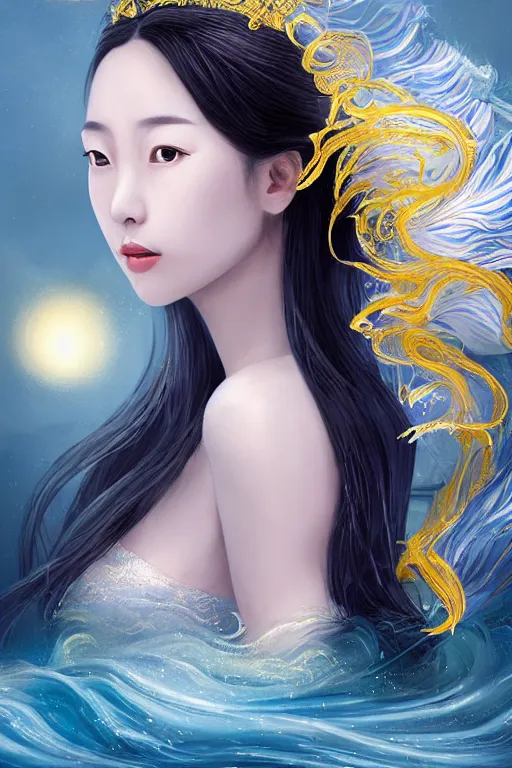 Image similar to a beautiful young asian woman, Queen of the Sea Mu Yanling, long flowing white hair, blue yellow robe with wide feather like quality, water flowing and floating around, young female face, liquid magic, cinematic top lighting, insanely detailed and intricate, face by wlop, Charlie Bowater, golden ratio, symmetric, elegant, ornate, luxury, elite, matte painting, MTG, magic the gatheing, cinematic, cgsociety, 8k, high resolution,