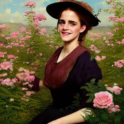 Image similar to laughing thick paint brush strokes full body fashion model emma watson by Jeremy Lipking by Hasui Kawase by Richard Schmid (((smokey eyes makeup eye shadow fantasy, glow, shimmer as victorian woman in a long white frilly lace dress and a large white hat having tea in a sunroom filled with flowers, roses and lush fern flowers ,intricate, night, highly detailed, dramatic lighting))) , high quality