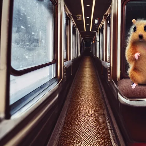 Image similar to photo of a train interior, a brown hamster is sitting on a seat, various poses, unedited, soft light, sharp focus, 8 k