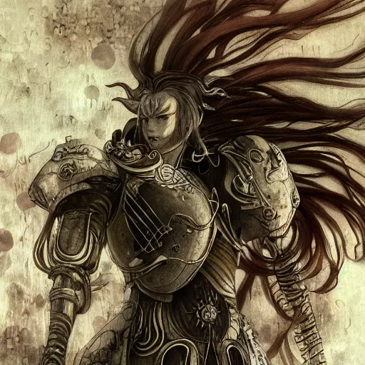 Image similar to yoshitaka amano blurred and dreamy realistic illustration of a phil lamarr with black eyes, wavy white hair fluttering in the wind wearing elden ring armor with engraving, abstract patterns in the background, satoshi kon anime, noisy film grain effect, highly detailed, renaissance oil painting, weird portrait angle, blurred lost edges, three quarter view