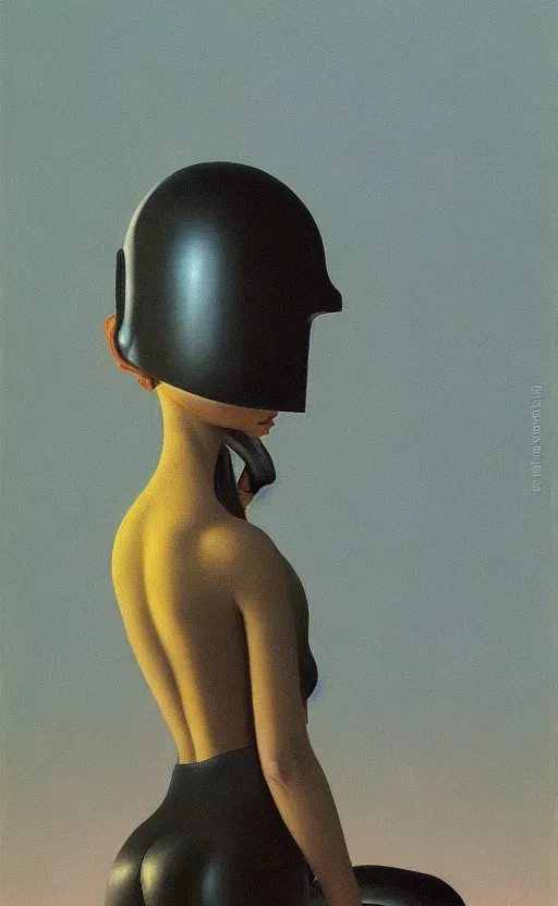 Prompt: portrait of a girl wearing helmet with tight black latex dress, Edward Hopper and James Gilleard, Zdzislaw Beksinski, Mark Ryden, Wolfgang Lettl highly detailed