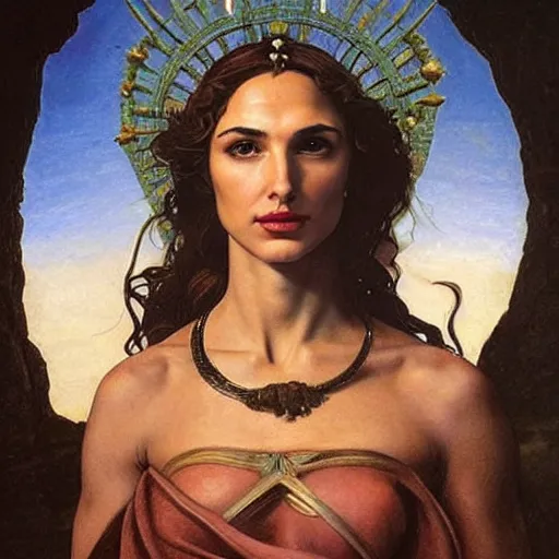 Prompt: Head and shoulders masterpiece portrait oil painting of the beautiful goddess Gal Gadot as Artemisa, she is wearing roman clothes and a surreal jewelry, her hair is natural disheveled, she is approaching heaven over the clouds, naturalism, dramatic lighting, high-detailed oil painting by Ilya Repin, Michelangelo da Caravaggio, William Blake, Alex Grey and Beksinski, trending on Artsation, hystorical painting, naturalism, masterpiece, 4k, 8k,