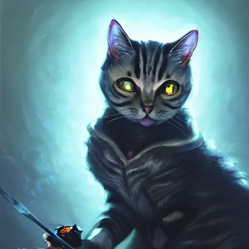 Prompt: Oil Painting of Cat, Anthropomorphized, casting evil spell, magic the gathering artwork, horror, D&D, fantasy, cinematic lighting, centered, symmetrical, highly detailed, digital painting, artstation, concept art, smooth, sharp focus, illustration, volumetric lighting, epic Composition, 8k, art by Akihiko Yoshida and Greg Rutkowski and Craig Mullins, oil painting, cgsociety