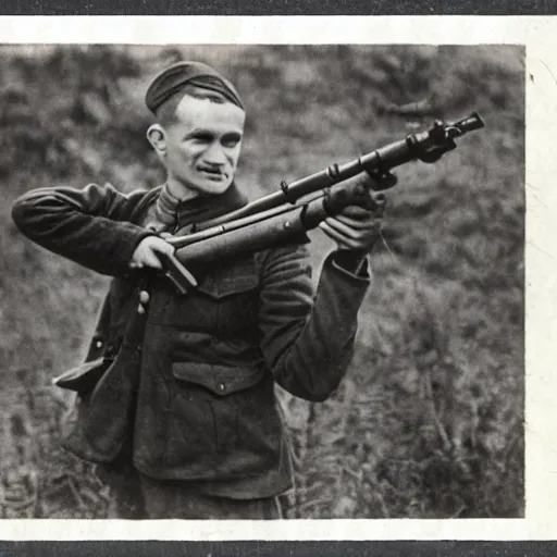 Prompt: old wartime photograph of vitalik buterin holding a lewis gun, 1 9 1 7