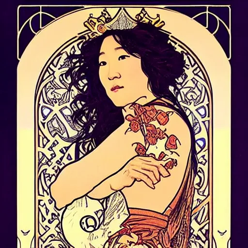 Image similar to sandra oh portrait by louis - theophile hingre and alphonse mucha, realistic, sharp focus, zodiac signs, tarot cards, planets, ethereal, art nouveau, magic, moon, sun, crown, dreamy, royal, jewellery