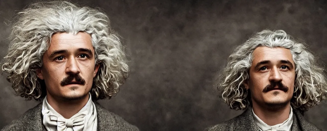 Prompt: orlando bloom as albert einstein in the new movie directed by christopher nolan, movie still frame, promotional image, symmetrical shot, idiosyncratic, relentlessly detailed, limited colour palette