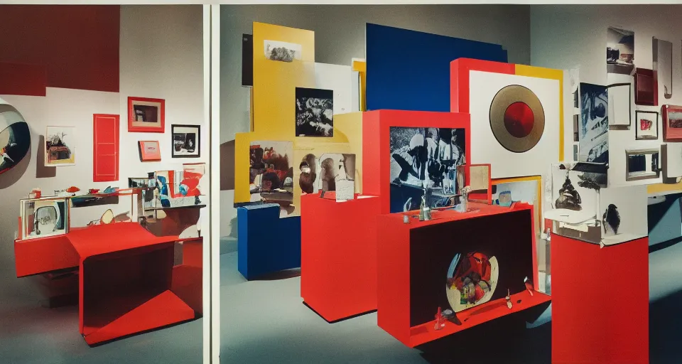 Image similar to A three color offset photography of objects on display, vinili, macchine fotografiche, obiettivi , exhibition, 60s style