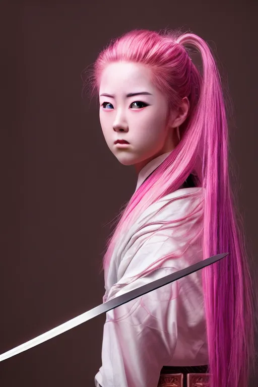 Image similar to highly detailed beautiful photo of a young female samurai, practising sword stances, symmetrical face, beautiful eyes, pink hair, realistic anime art style, 8 k, award winning photo, pastels colours, action photography, 1 / 1 2 5 shutter speed, sunrise lighting