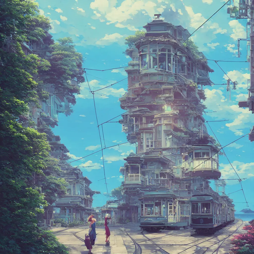 Prompt: a streetcar is running on the dreamy sea, kamakura scenery, unreal engine, fantasy art by greg, loish, rhads, ferdinand knab, makoto shinkai and lois van baarle, ilya kuvshinov, rossdraws, tom bagshaw, night lighting, trending onstudio ghibli, highly detailed, octane render, 8 k