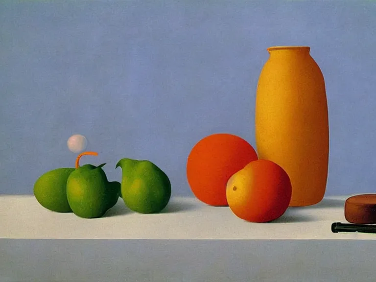 Prompt: common objects, painting by rene magritte, high detail, high resolution