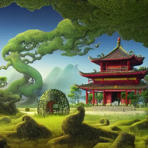 Prompt: a landscape of chinese temple surrounded by green blue grasses, sunny day, highly detailed, 4 k, by andrei riabovitchev, shaun tan, peter mohrbacher, ghibli